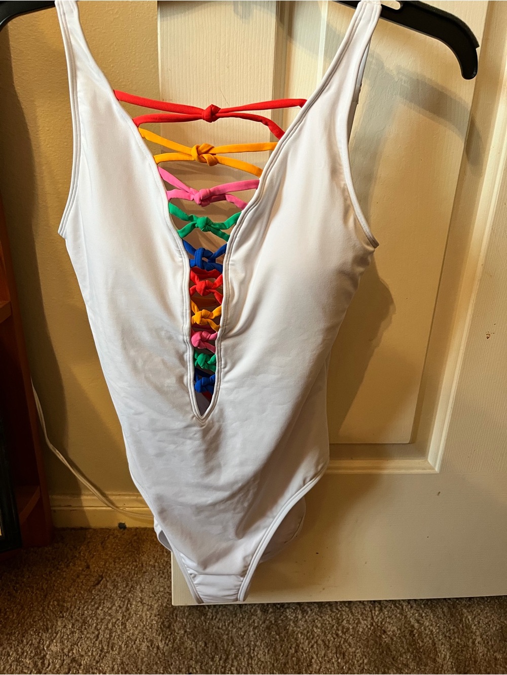 White Girls' One-Piece Swimsuit with Rainbow Lace-Up Back